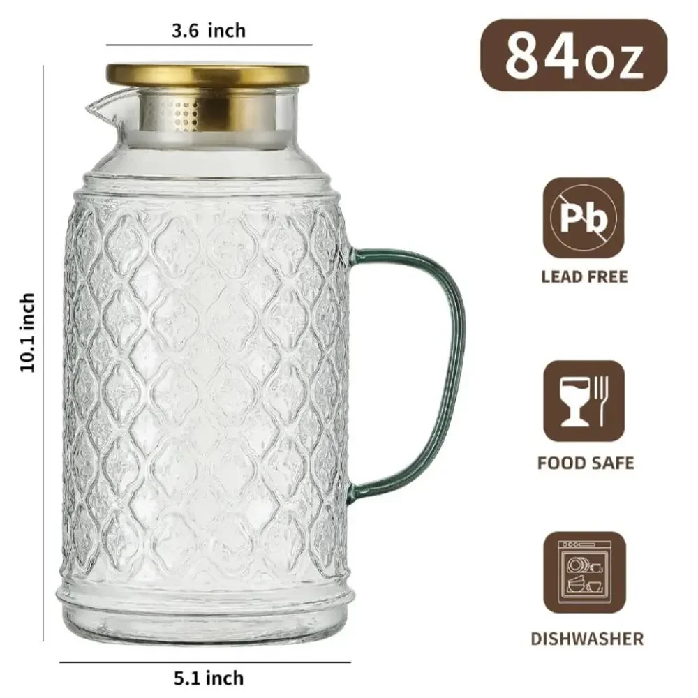 Glass Pitcher with Lid, 2 PACK 84 oz/2.5L Liter Vintage Water Pitcher, Clear Bor - Picture 3 of 6
